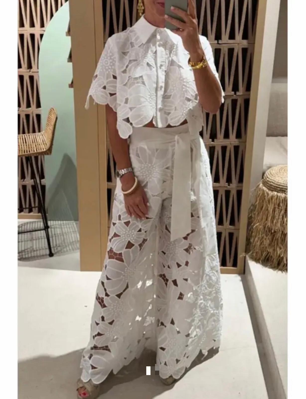 Stunning White Floral Lace Wide Pant-1
