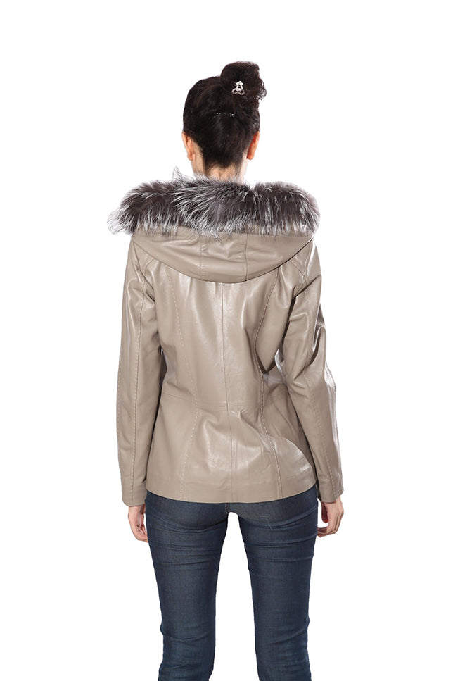 Cidra Womens Real Silver Fox Fur Hooded Leather Jacket-10