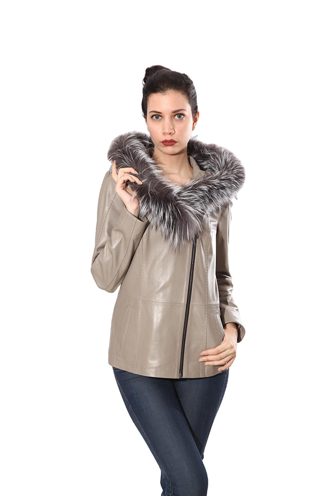 Cidra Womens Real Silver Fox Fur Hooded Leather Jacket-11