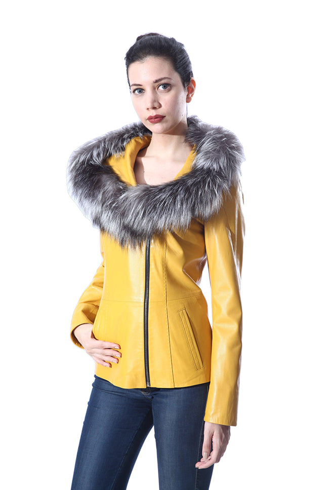 Cidra Womens Real Silver Fox Fur Hooded Leather Jacket-5