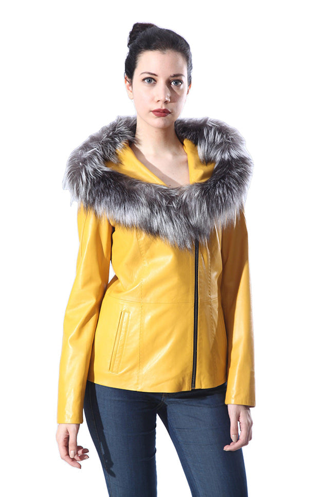 Cidra Womens Real Silver Fox Fur Hooded Leather Jacket-6