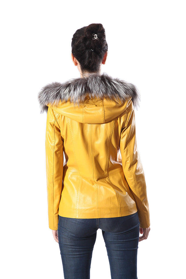 Cidra Womens Real Silver Fox Fur Hooded Leather Jacket-7