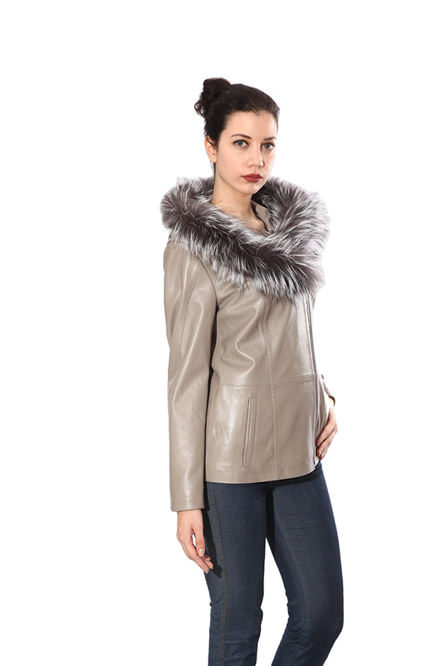 Cidra Womens Real Silver Fox Fur Hooded Leather Jacket-8