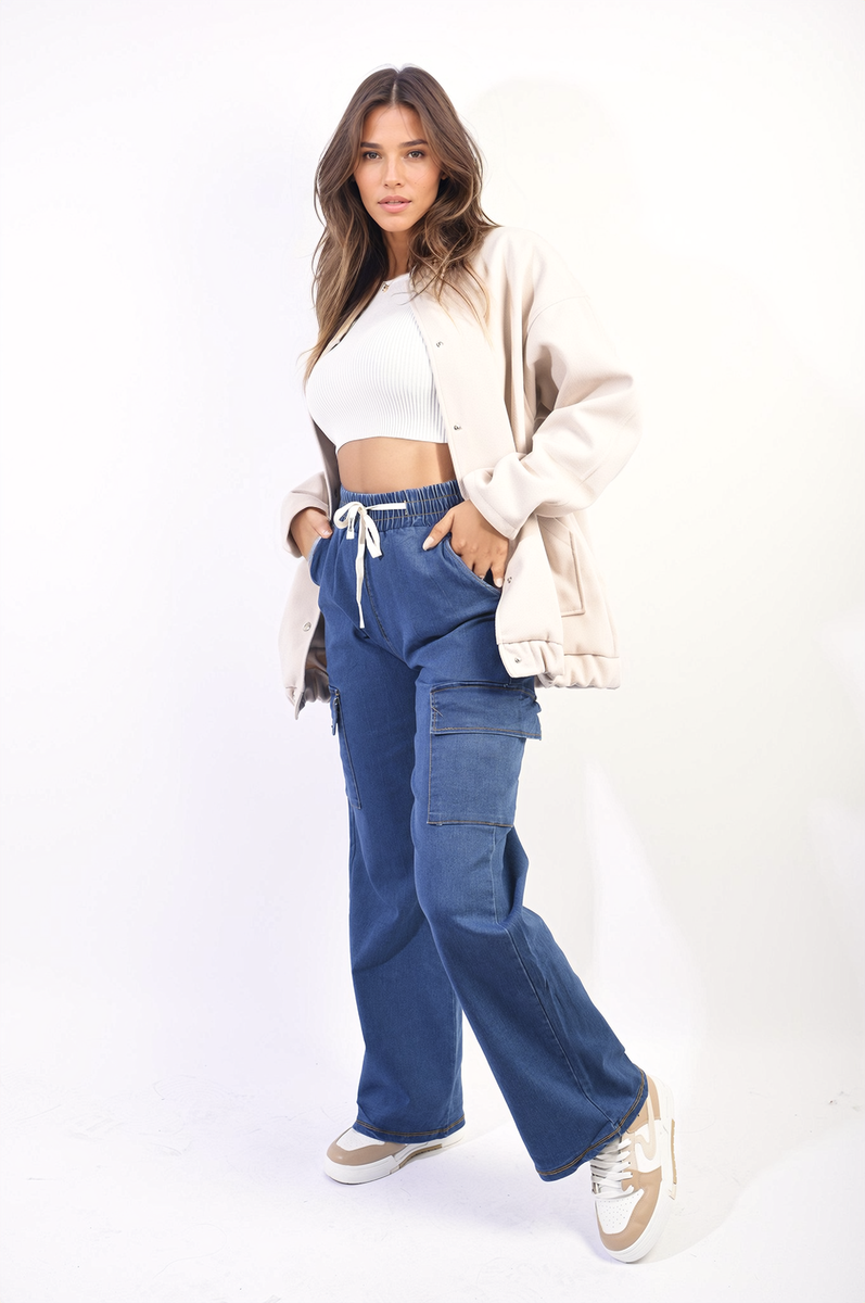 Drawstring Waist Flap Pocket Wide Leg Cargo Jeans-2