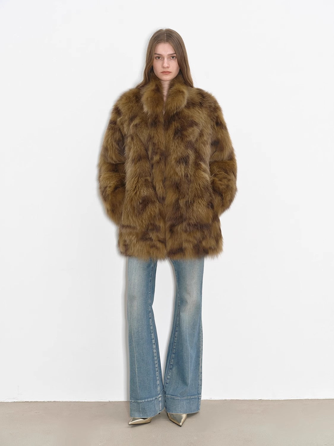 Paris Moonlight Night Funky Print Swoosh Fluffy Stand Collar Drop Shoulder Fox Fur Coat-0