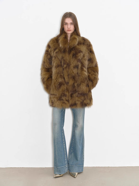 Paris Moonlight Night Funky Print Swoosh Fluffy Stand Collar Drop Shoulder Fox Fur Coat-0