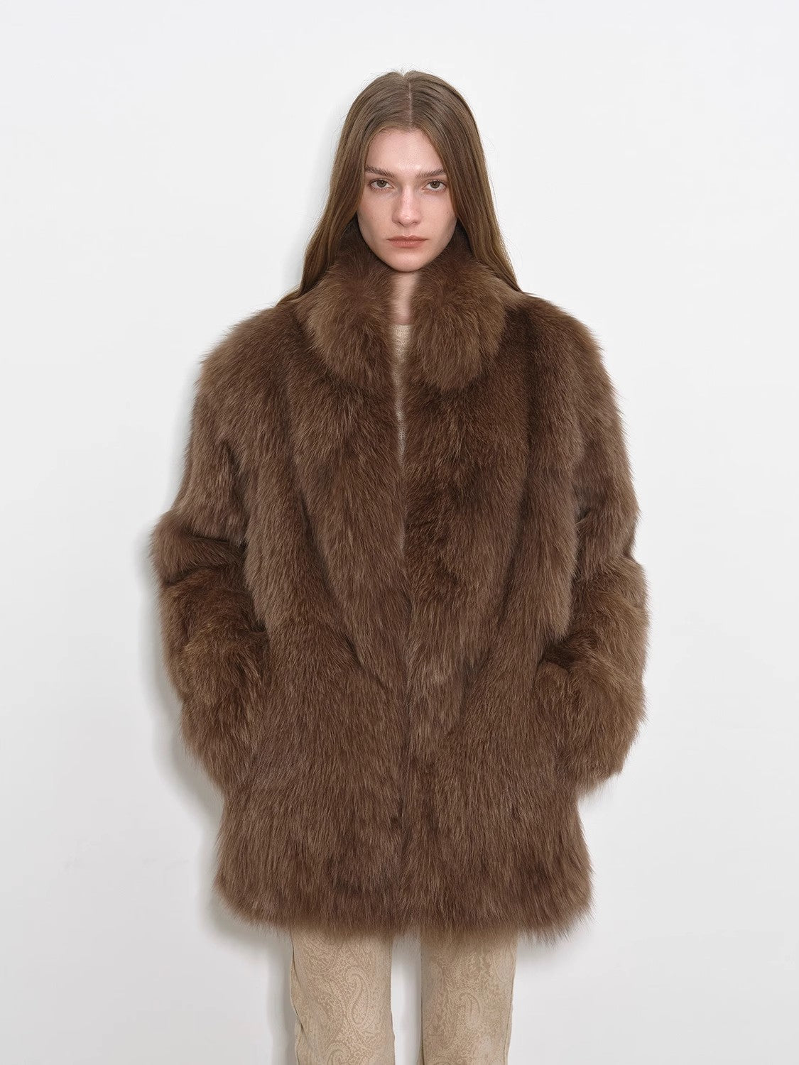Paris Moonlight Night Funky Print Swoosh Fluffy Stand Collar Drop Shoulder Fox Fur Coat-1