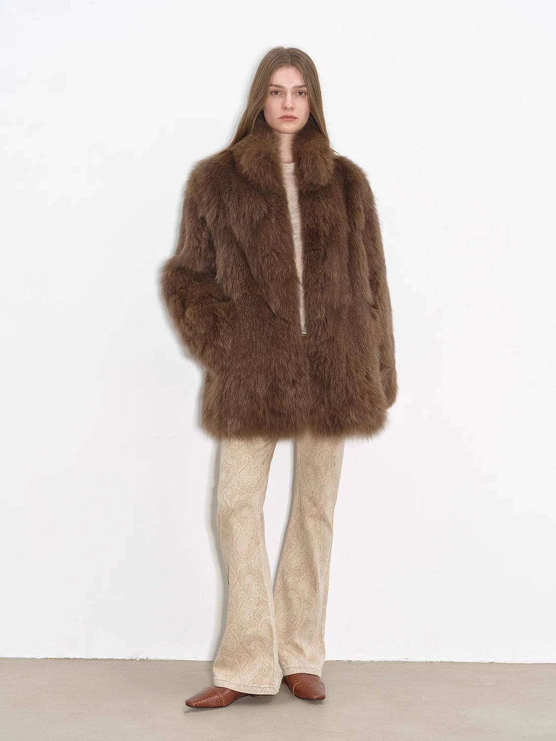 Paris Moonlight Night Funky Print Swoosh Fluffy Stand Collar Drop Shoulder Fox Fur Coat-2