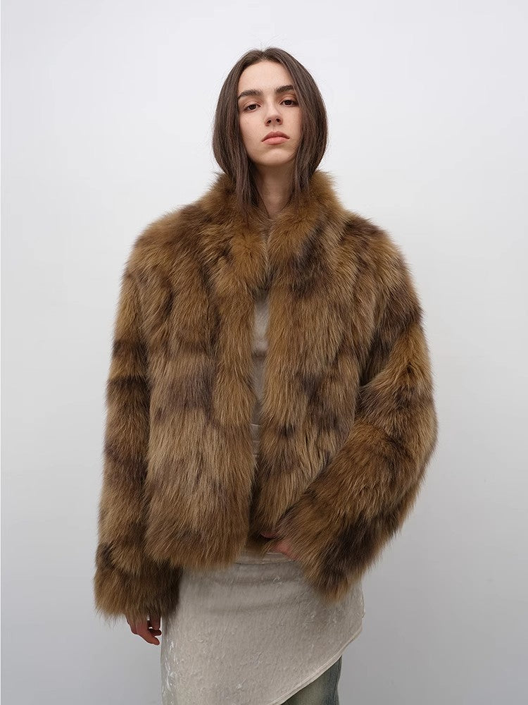 Polar Snow Casual Handmade Swoosh Printed Stand Up Lapel Fox Fur Coat-2