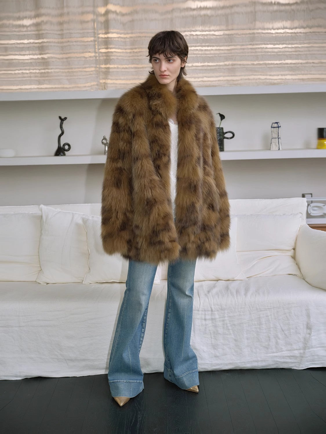 Paris Moonlight Night Funky Print Swoosh Fluffy Stand Collar Drop Shoulder Fox Fur Coat-4