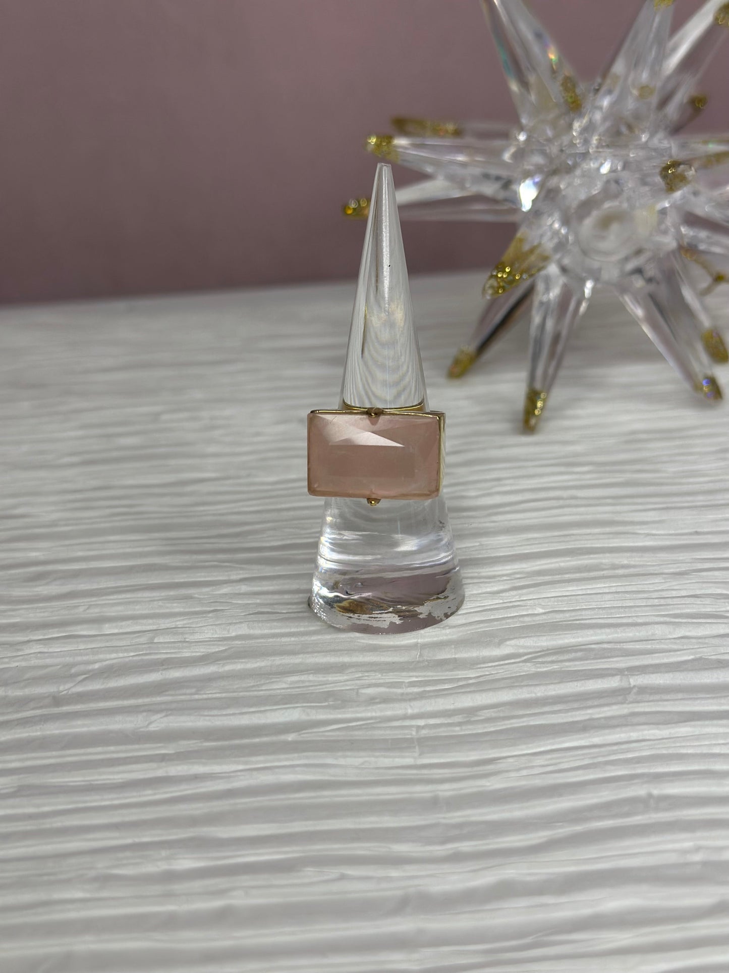 Rose Quartz Facet Rectangular Gold Plated Ring-2