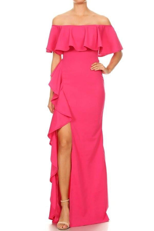 'Gwyneth' Fuchsia Off Shoulder Slit Gown-0