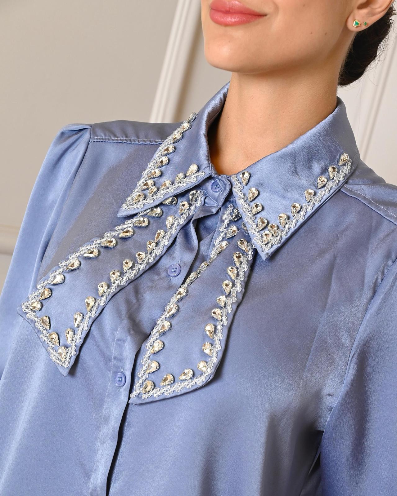 ‘Shiny Collar’ Satin Long Sleeve Top-1
