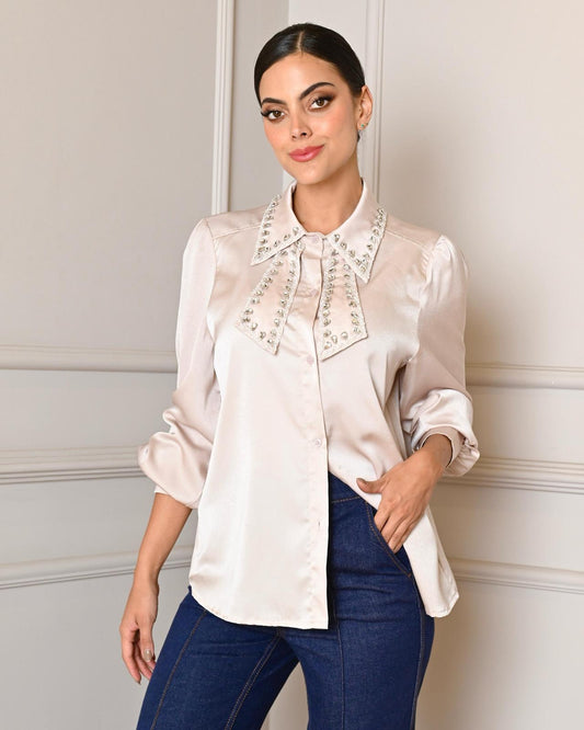 ‘Shiny Collar’ Satin Long Sleeve Top-0