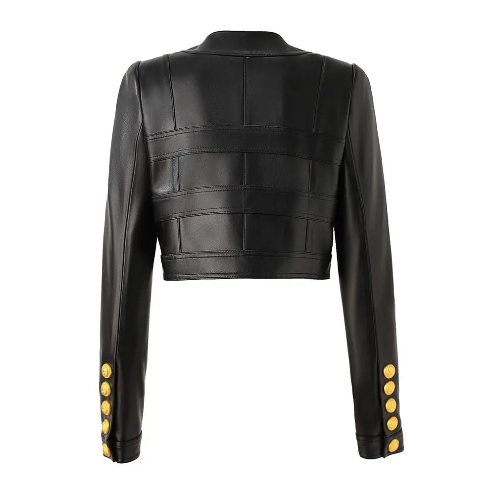 2023 Europe and the United States cross-border PU leather splicing small round neck shoulder pad cardigan high street wind small coat top temperament small jacket Hypersku
