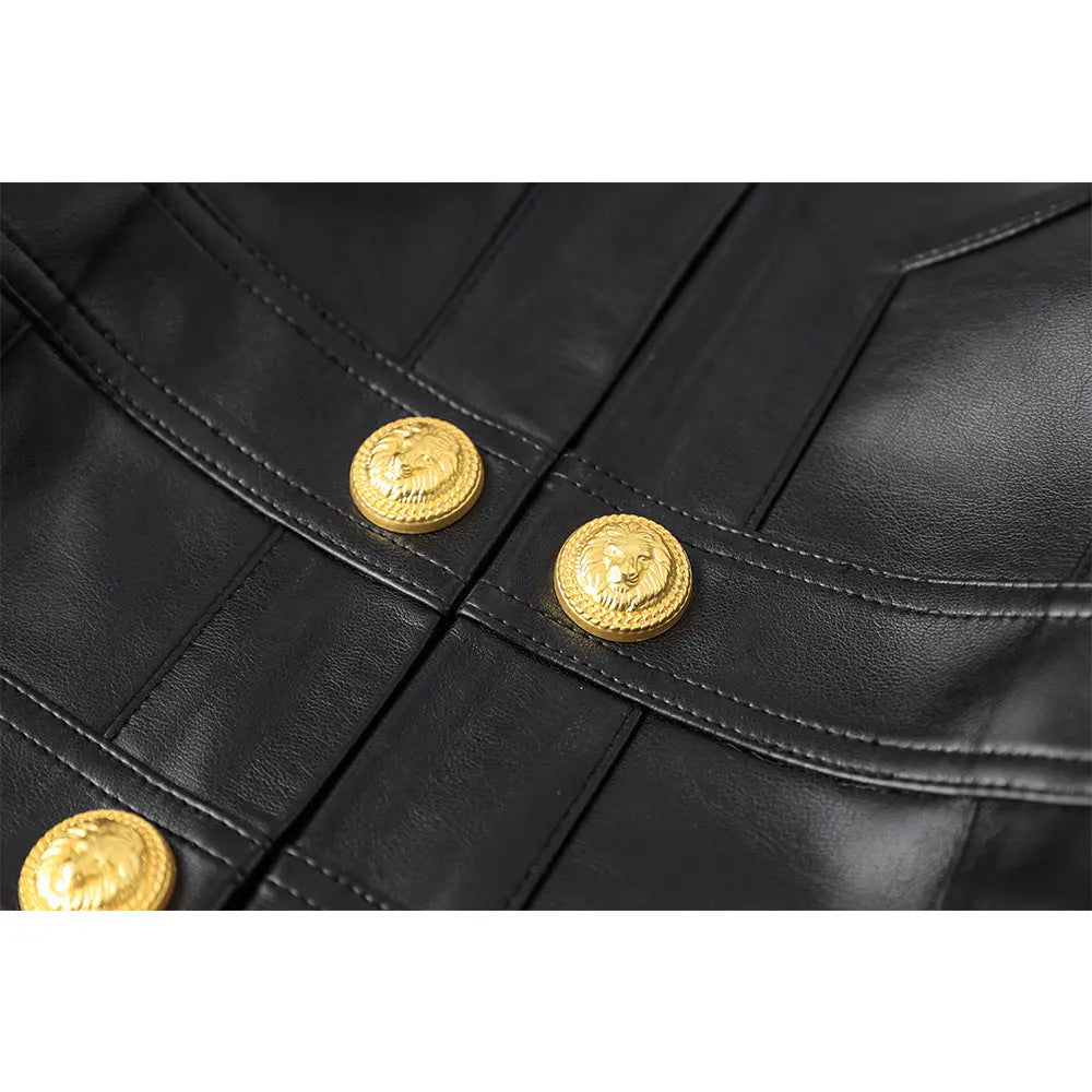 2023 Europe and the United States cross-border PU leather splicing small round neck shoulder pad cardigan high street wind small coat top temperament small jacket Hypersku