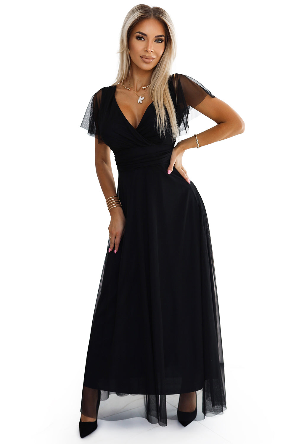 Numoco Basic 562-3 NASTIA Long dress with neckline and short sleeves - black-7