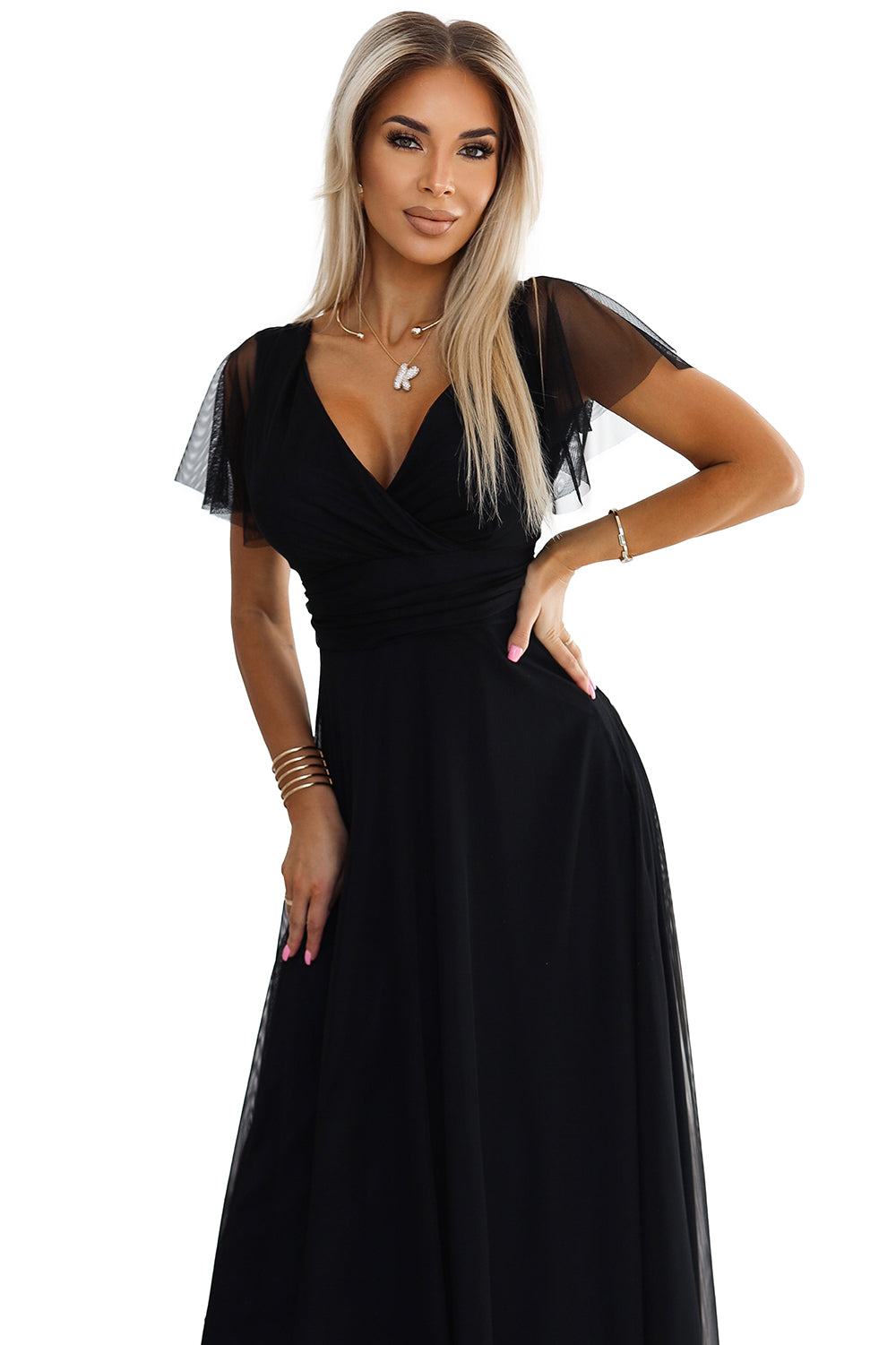 Numoco Basic 562-3 NASTIA Long dress with neckline and short sleeves - black-6