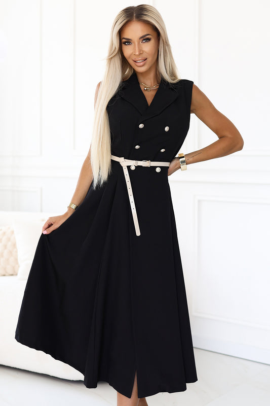 Numoco Basic 596-3 Elegant midi shirt dress with gold buttons and belt - black-0