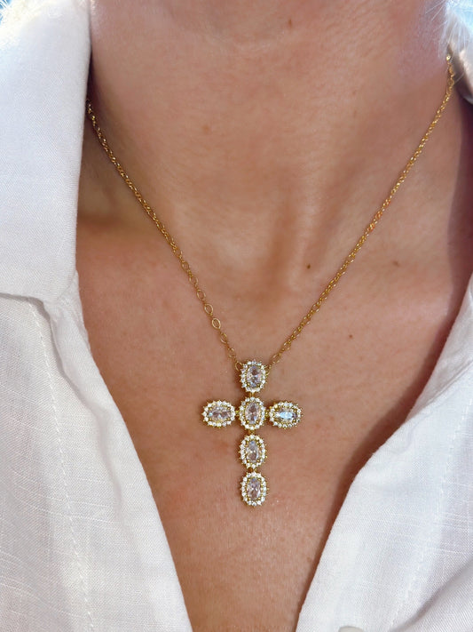 Delicate Crystal Cross Pendant Necklace-0