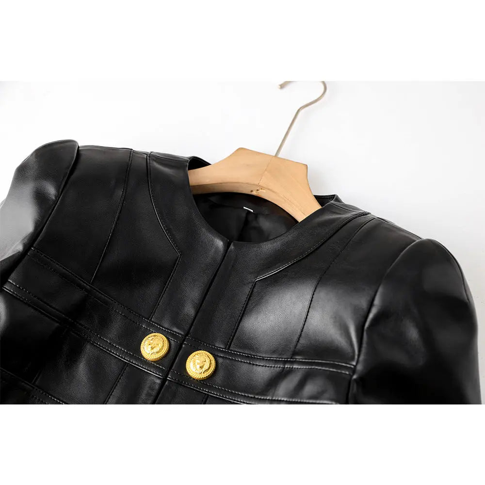 2023 Europe and the United States cross-border PU leather splicing small round neck shoulder pad cardigan high street wind small coat top temperament small jacket Hypersku
