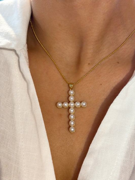 Beautiful Pearl Cross Pendant Necklace-0