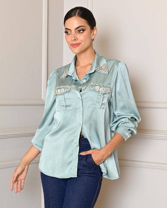 Aqua Diamond Collar Satin Top-0