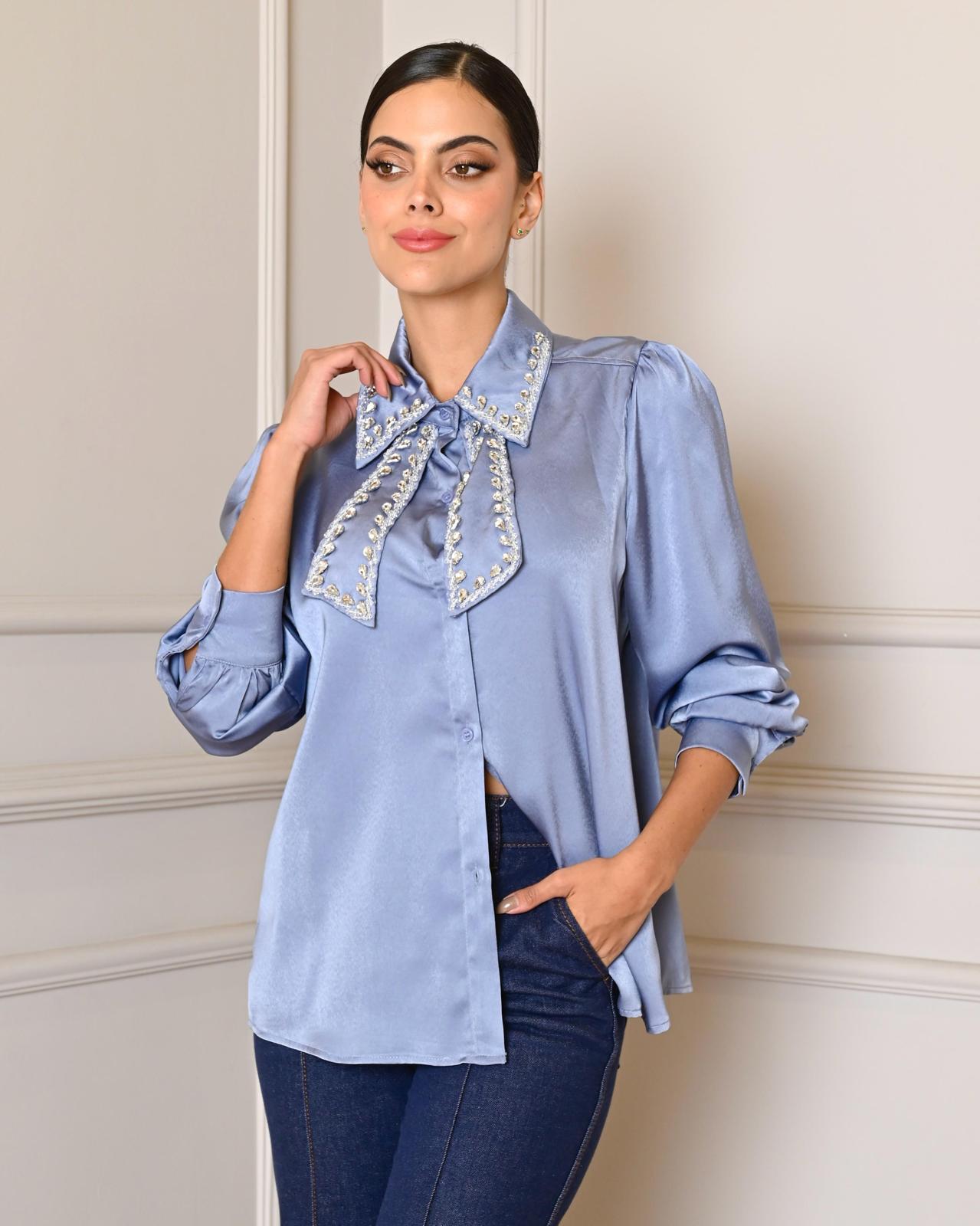 ‘Shiny Collar’ Satin Long Sleeve Top-2