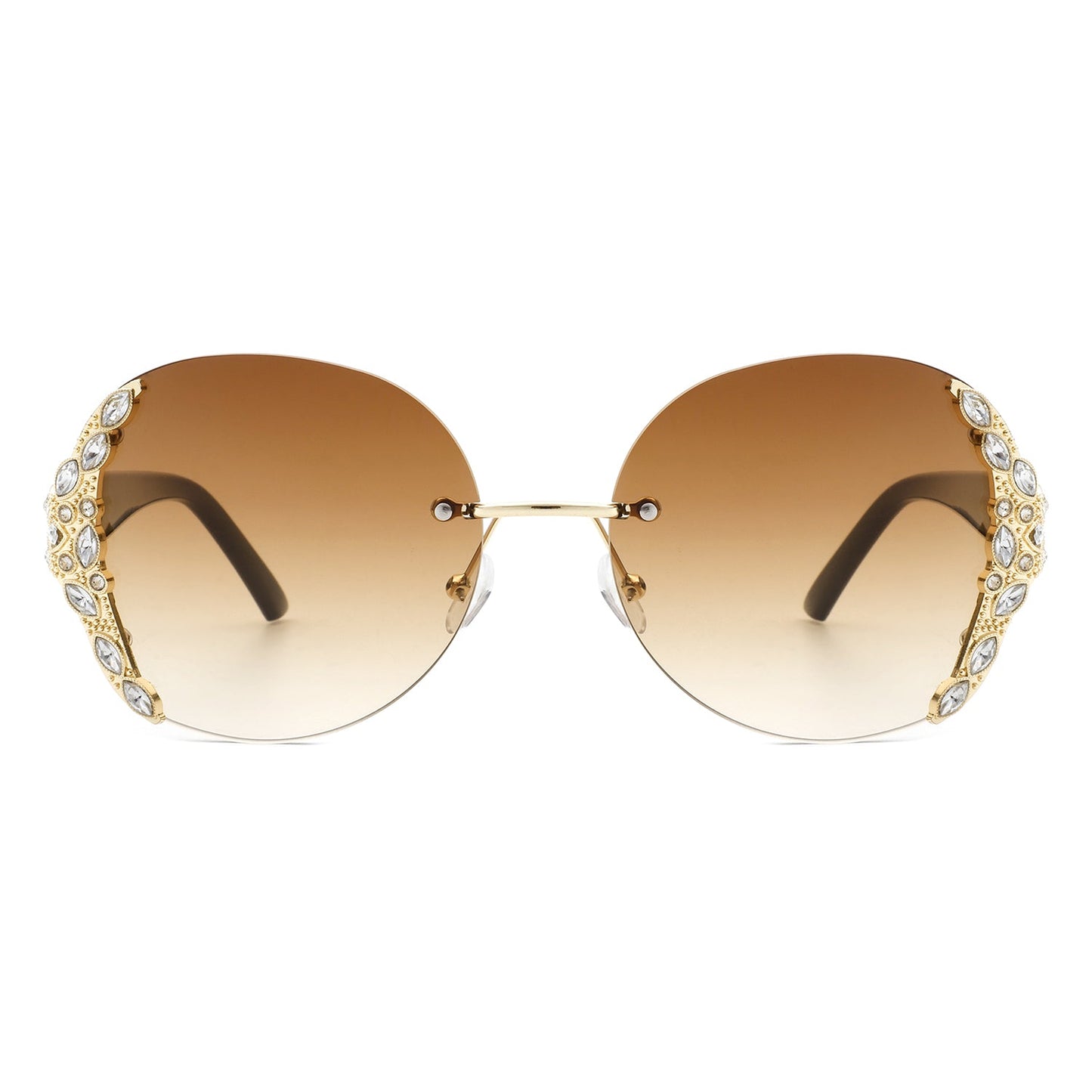 Jadeisle - Women Oval Rimless Rhinestone Design Round Oversize Sunglasses-2