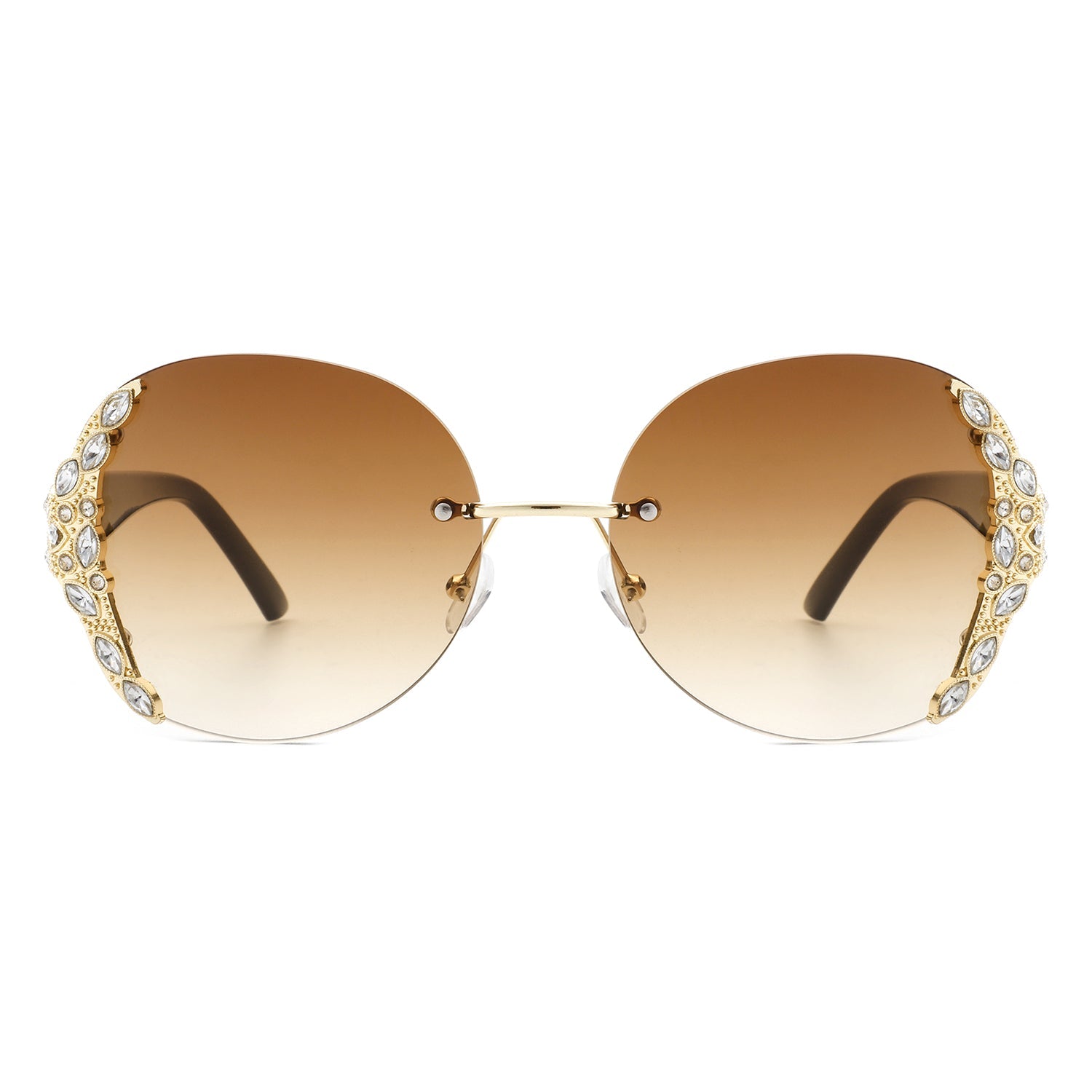 Jadeisle - Women Oval Rimless Rhinestone Design Round Oversize Sunglasses-2