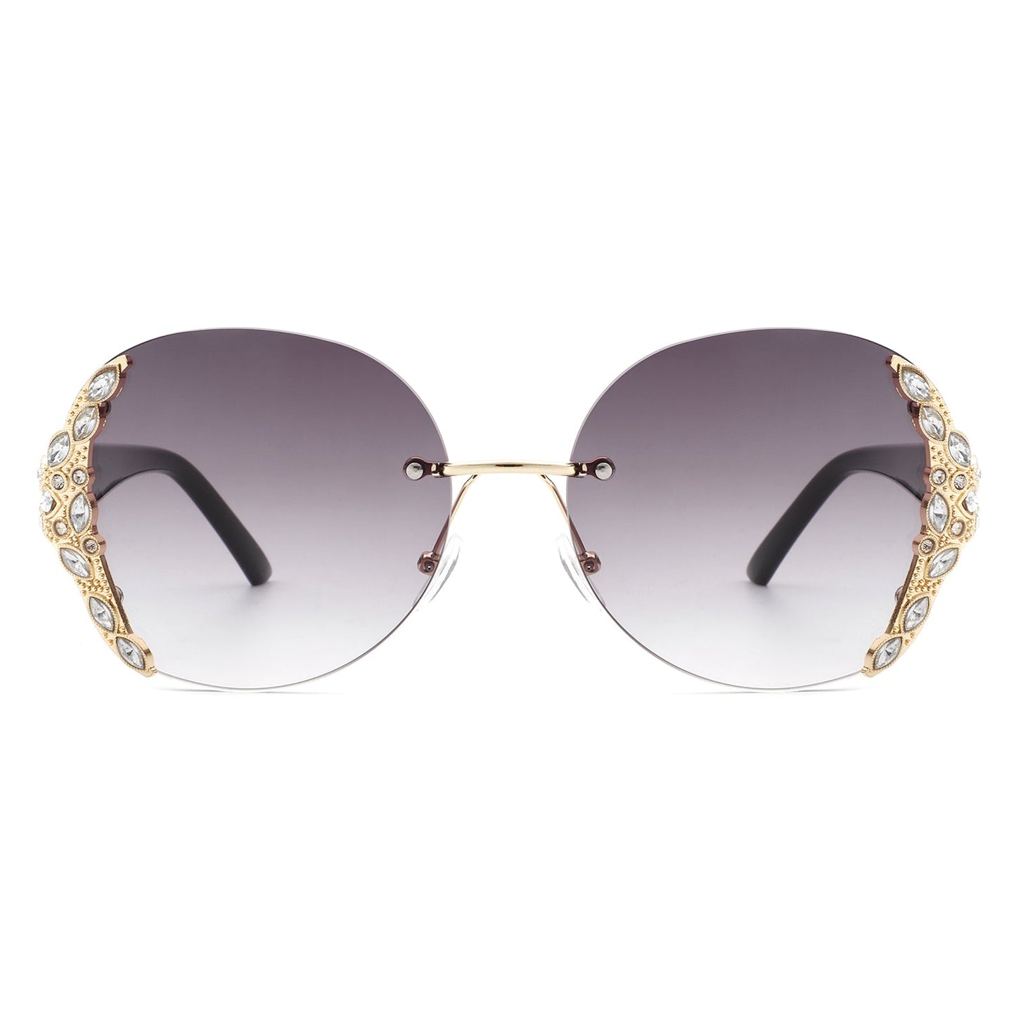 Jadeisle - Women Oval Rimless Rhinestone Design Round Oversize Sunglasses-4