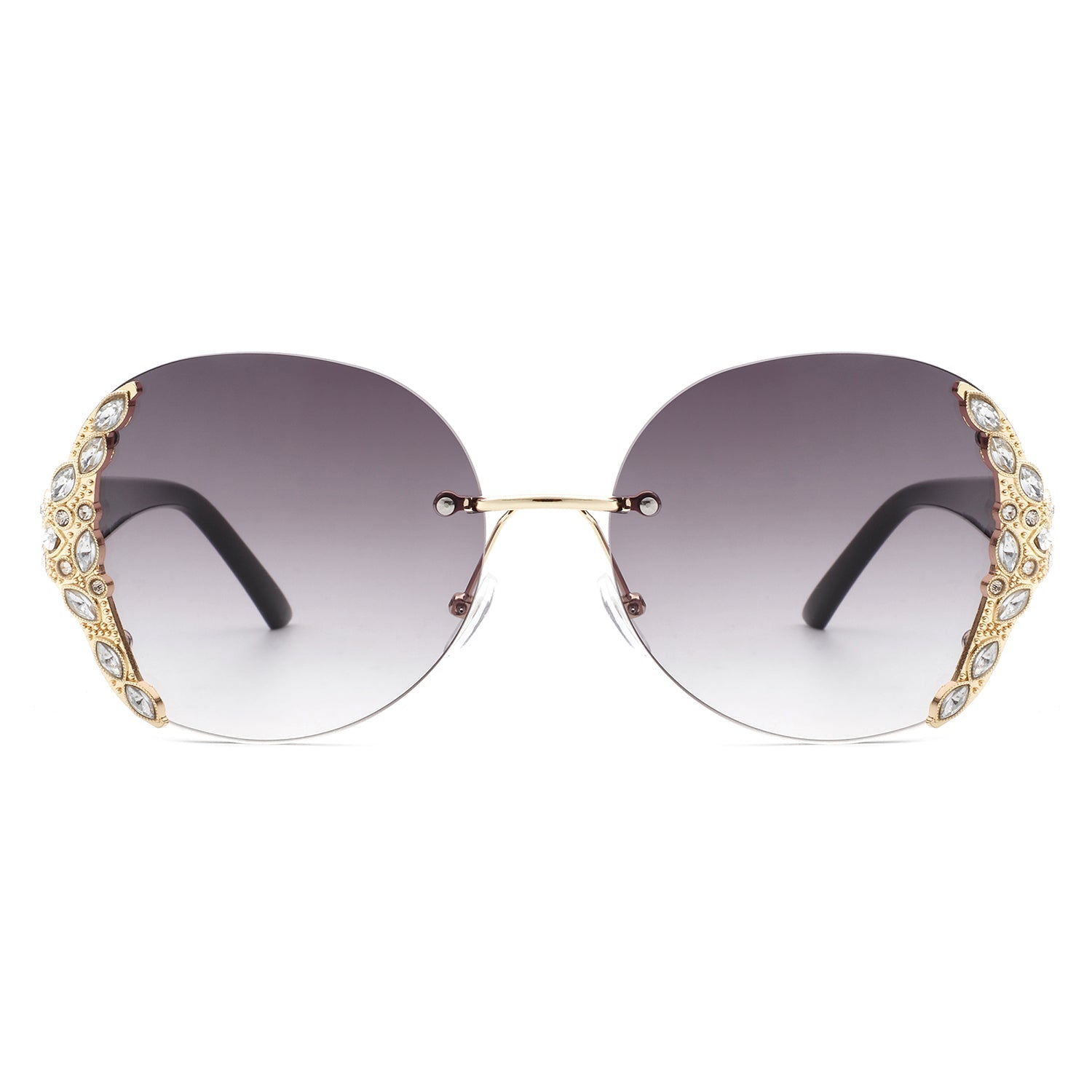 Jadeisle - Women Oval Rimless Rhinestone Design Round Oversize Sunglasses-4