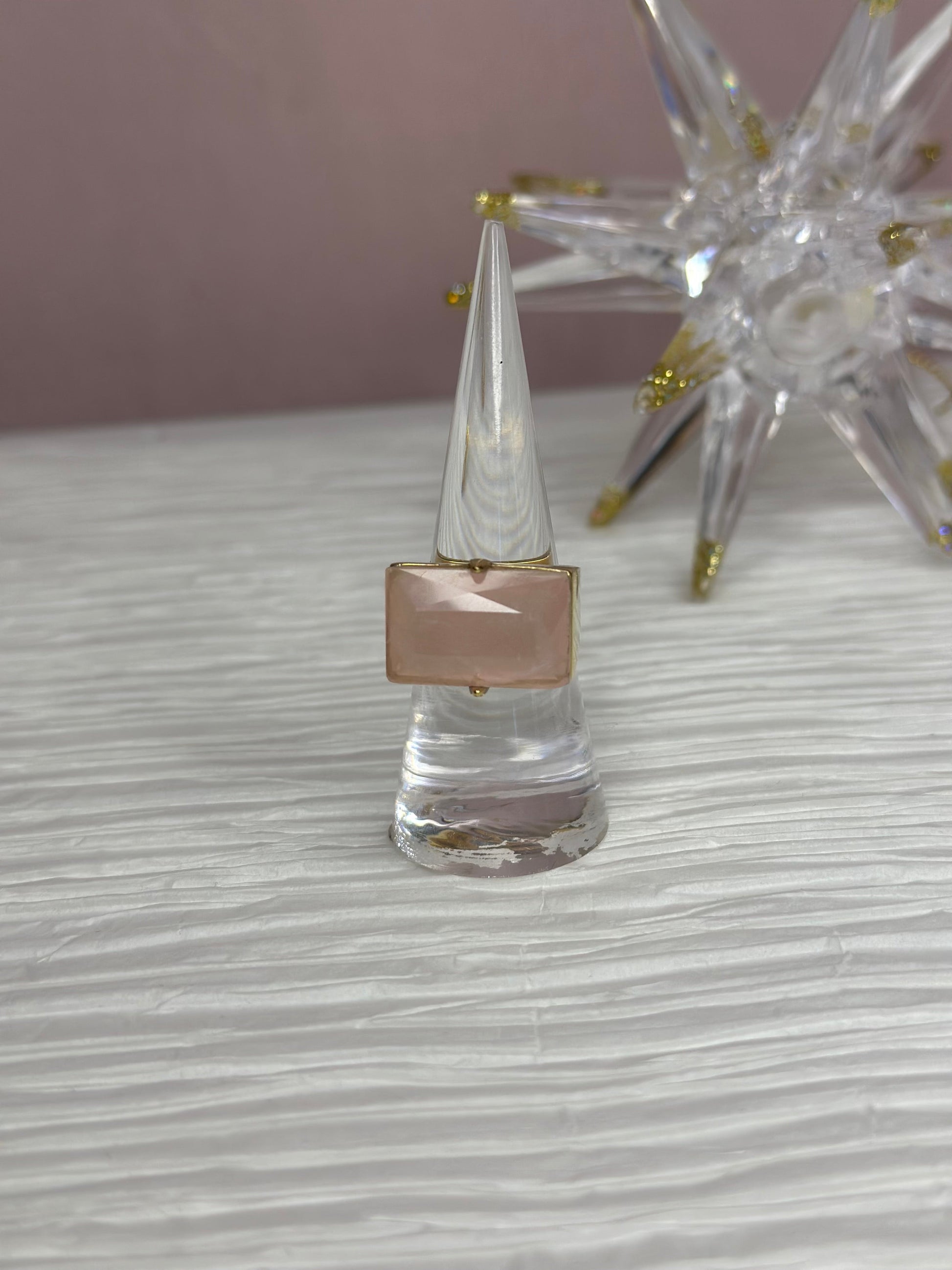 Rose Quartz Facet Rectangular Gold Plated Ring-1