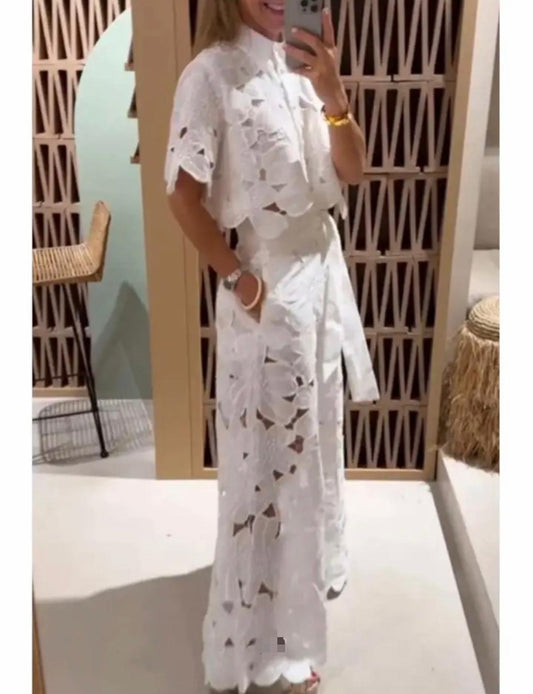 Stunning White Floral Lace Wide Pant-0