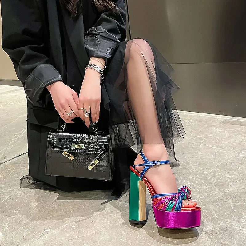 Sandals Sexy Thick High Heels Platform Open Toe Gladiator Mixed Color Twist Summer Sandals Fashion Dress Party Wedding Shoes My Store
