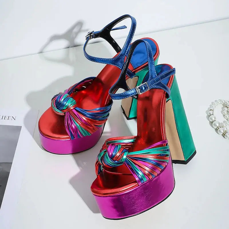 Sandals Sexy Thick High Heels Platform Open Toe Gladiator Mixed Color Twist Summer Sandals Fashion Dress Party Wedding Shoes My Store