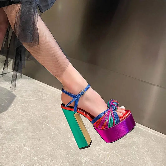 Sandals Sexy Thick High Heels Platform Open Toe Gladiator Mixed Color Twist Summer Sandals Fashion Dress Party Wedding Shoes My Store