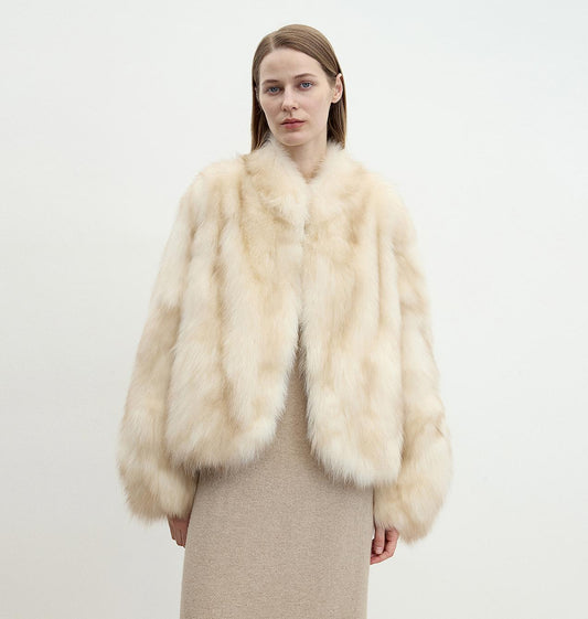 "Monet's Garden" imported high-quality fox fur V-neck spray-colored jacket-0