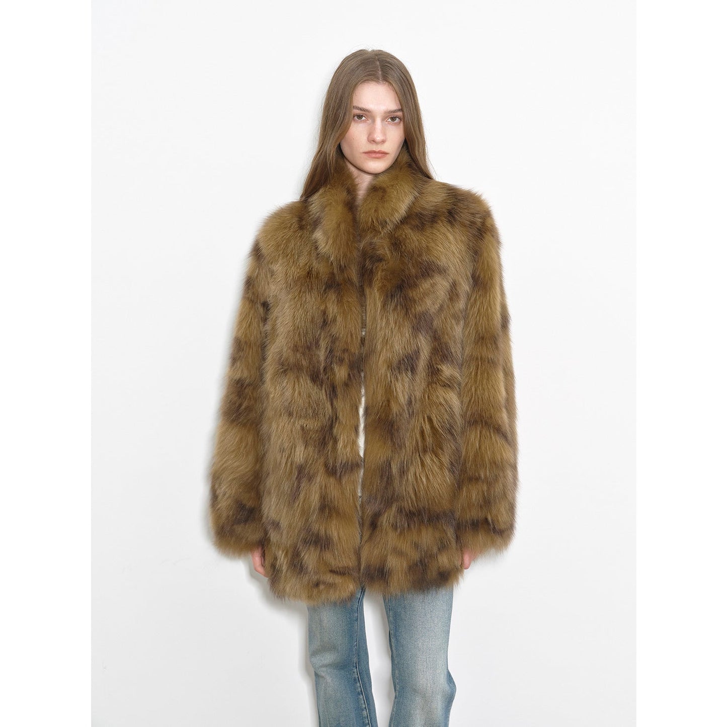 Paris Moonlight Night Funky Print Swoosh Fluffy Stand Collar Drop Shoulder Fox Fur Coat-5