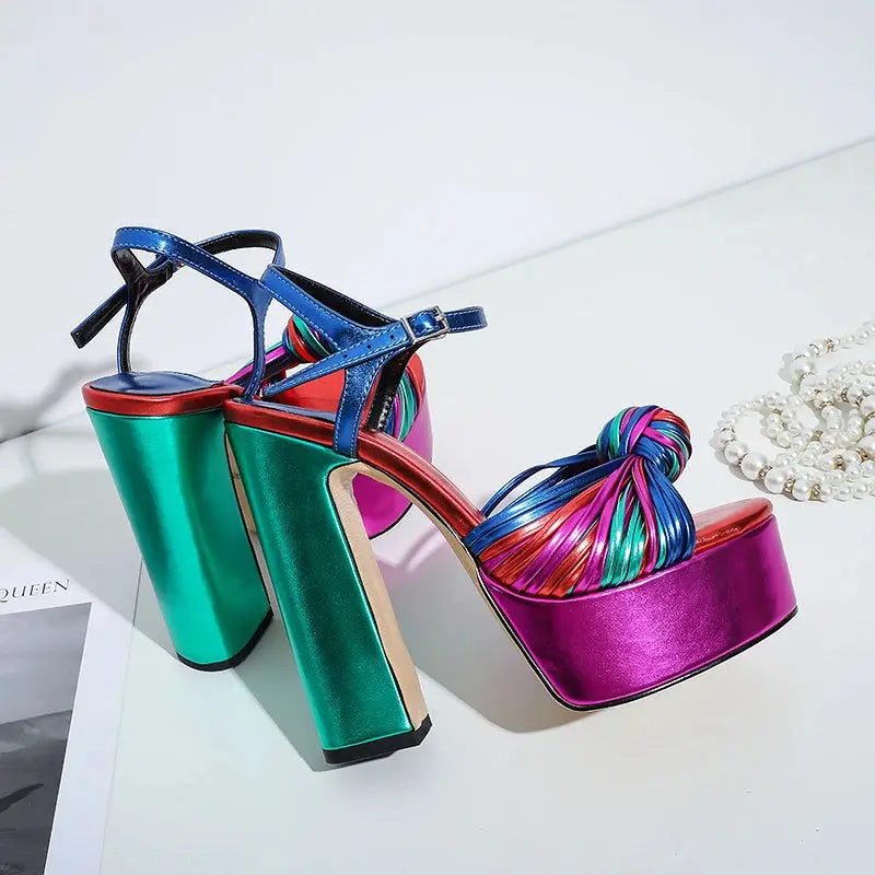 Sandals Sexy Thick High Heels Platform Open Toe Gladiator Mixed Color Twist Summer Sandals Fashion Dress Party Wedding Shoes My Store