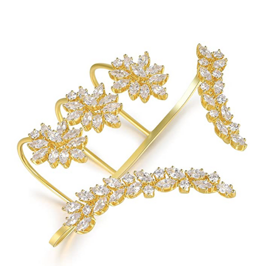 Gold Bejeweled Unique Design CZ Cubic Zirconia Multiple Finger Ring Hand Cuff-0