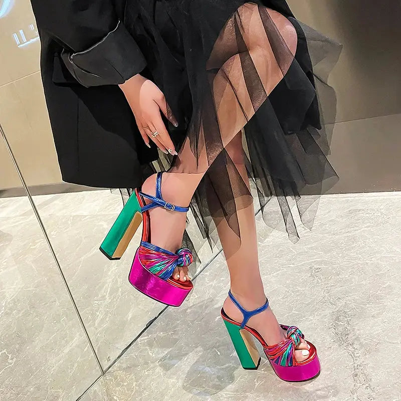 Sandals Sexy Thick High Heels Platform Open Toe Gladiator Mixed Color Twist Summer Sandals Fashion Dress Party Wedding Shoes My Store