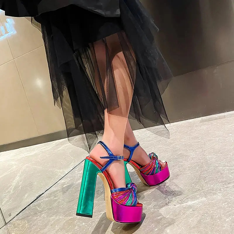 Sandals Sexy Thick High Heels Platform Open Toe Gladiator Mixed Color Twist Summer Sandals Fashion Dress Party Wedding Shoes My Store