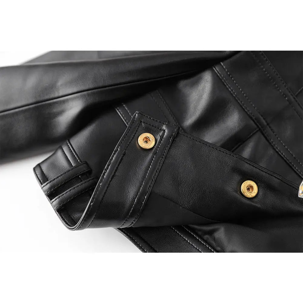 2023 Europe and the United States cross-border PU leather splicing small round neck shoulder pad cardigan high street wind small coat top temperament small jacket Hypersku
