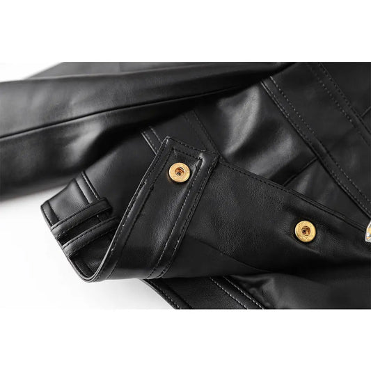 2023 Europe and the United States cross-border PU leather splicing small round neck shoulder pad cardigan high street wind small coat top temperament small jacket Hypersku