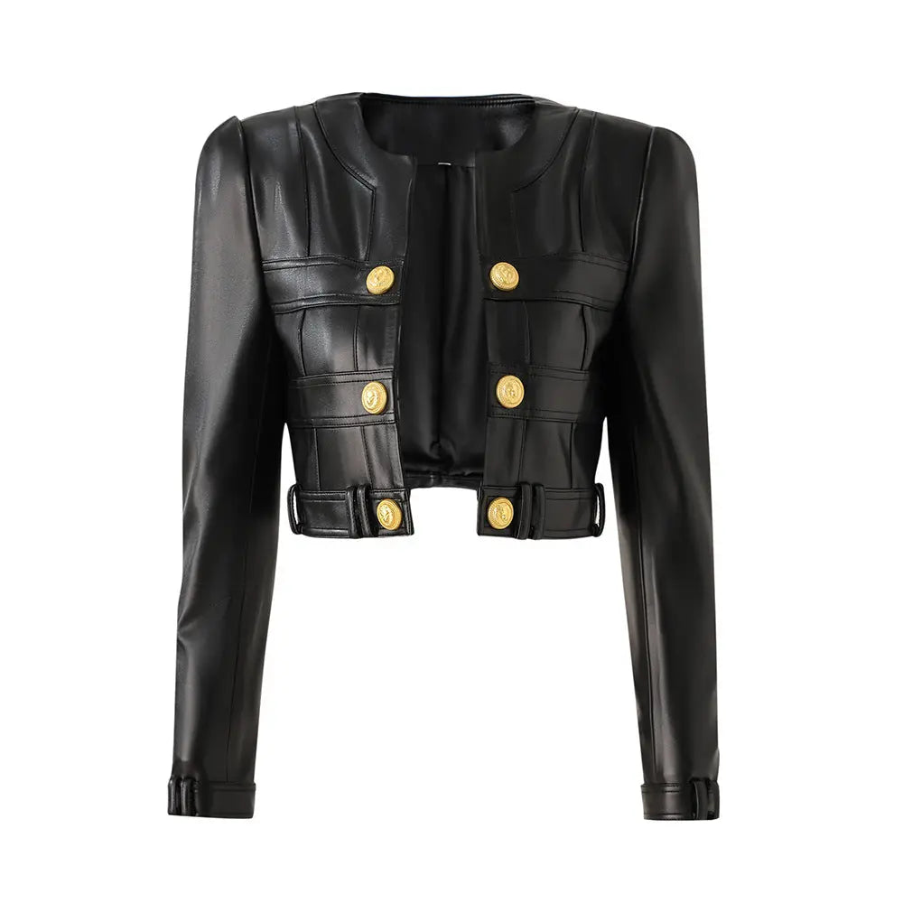 2023 Europe and the United States cross-border PU leather splicing small round neck shoulder pad cardigan high street wind small coat top temperament small jacket Hypersku
