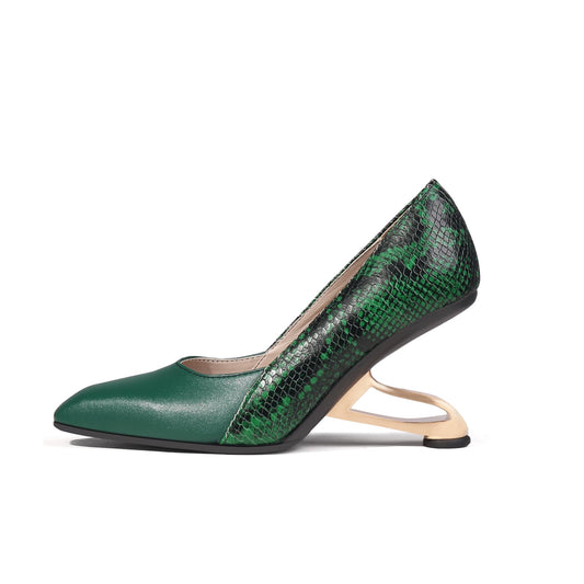 Color Block Faux Snake Skin Pumps-0