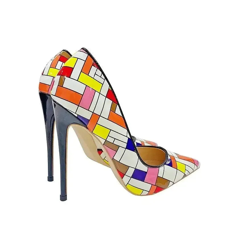 Color Checkered High Heels Stiletto Shoes-7