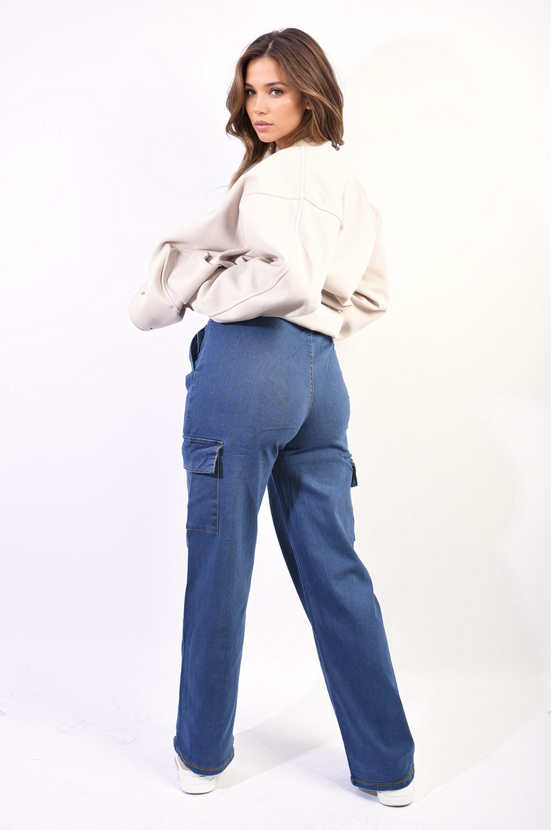 Drawstring Waist Flap Pocket Wide Leg Cargo Jeans-1
