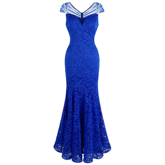 Women's Cap Sleeve Beading Lace Evening Dresses Long Mermaid Wedding Party Gown Blue-0